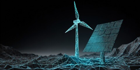 Futuristic representation of renewable energy technologies featuring solar panels and wind turbines