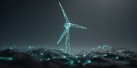 Digital representation of a wind turbine on a dark, textured surface with glowing lines, symbolizing renewable energy and technology