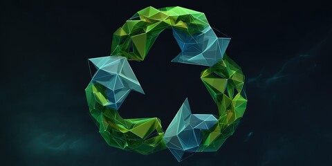 Green geometric recycling symbol created with 3D shapes against a dark background