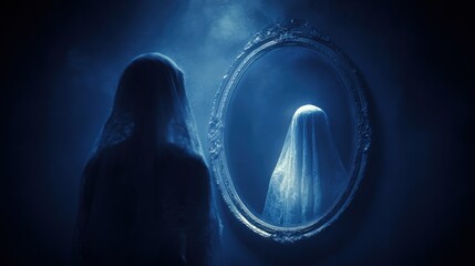Eerie Haunted Mirror with Ghostly Reflection in Surreal Illustration