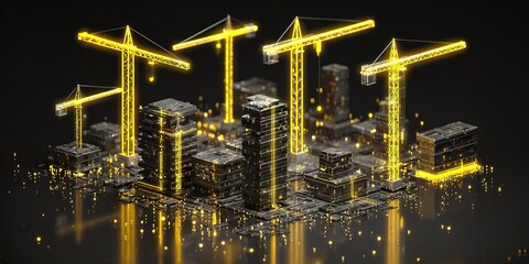 Construction site model showcasing cranes, buildings, and glowing effects at night