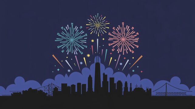 Minimalist City Skyline Fireworks Celebration Night Vector Illustration Banner - Powered by Adobe