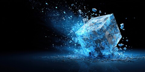 Explosion of a crystallized ice cube creating shards in a vibrant blue atmosphere during a digital art display