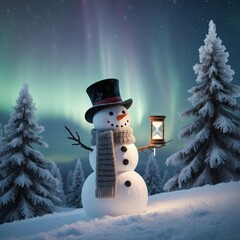 Happy Snowman in Winter Wonderland with Snowflakes and Pine Trees. Festive Christmas Background with Copy Space.