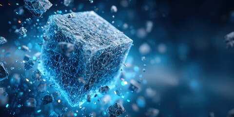 Digital cube floating in a futuristic environment with a blue glowing mesh design and surrounding particles