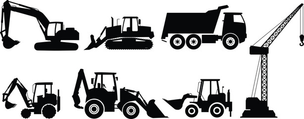 Vector silhouette collection of heavy construction machines including excavator, bulldozer, dump truck, and large building crane icons set.