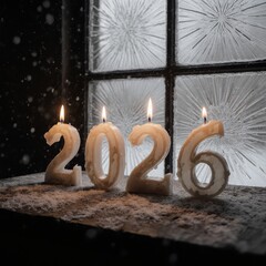 2026 New Year Candles — Moody Winter Still Life with Frozen Wax and Snowy Window