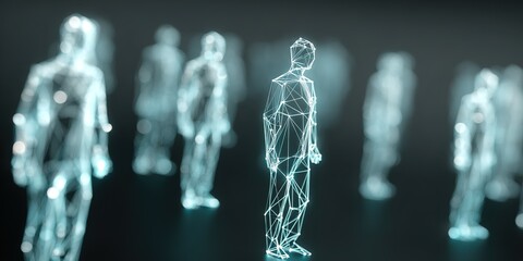 Digital representation of human figures in a futuristic setting with glowing outlines creating an immersive atmosphere