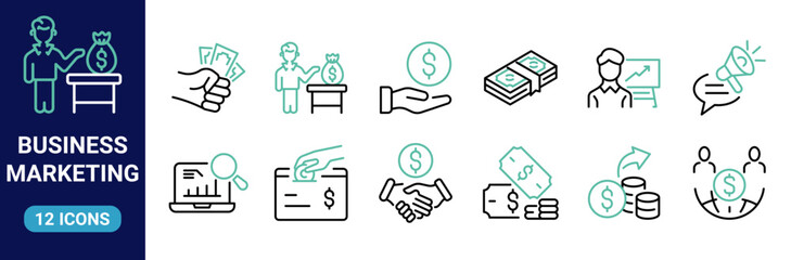 Business marketing thin line icon set. Containing sponsor, agreement, donation, handshake, partnership, trust, money, social media, megaphone, campaign, purchase, donation. Vector illustration
