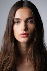 Naklejka premium Close-up portrait woman gaze calm under soft studio lighting, showcasing beauty.