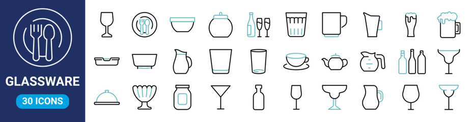 Glassware web line icons set . Editable stroke
