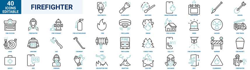 Fire Protection web line icon set. Fire department symbol with fire, fire hose, firefighter, extinguisher, fire engine, sprinkler system, burning house
