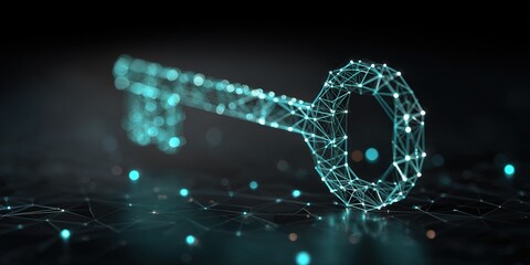 Digital representation of a key showcasing a network of connected lines and points in a dark space