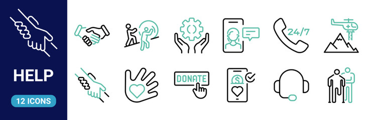 Help line icon set. Containing information, teamwork, charity, customer service, volunteer, solidarity, call center, interview, partnership, care, support, question and answer, friendship, cooperation