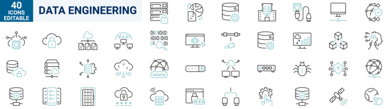 Data Engineering web line icon set. Editable stroke. Vector illustration