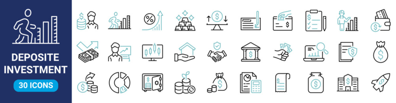 Deposite investment web icons in line style. income, money, business. Outline icon collection. Editable stroke. Vector illustration