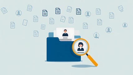 Magnifying glass searching folder of user profiles for recruitment and data review
