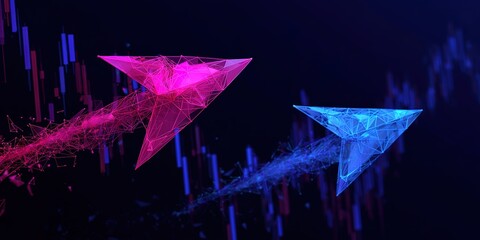 Colorful digital arrows representing growth and movement in technology, set against a vibrant abstract background