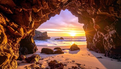 A scenic view of a golden sunset over the ocean, framed by the entrance of a rocky cave on a sandy beach.
