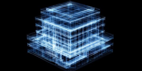 Digital 3D model of an urban building structure with glowing blue lines showcasing a detailed architectural design