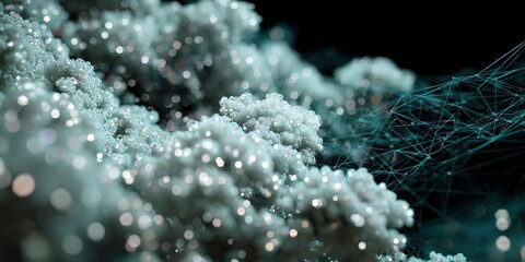 Detailed close-up of sparkling textures resembling a cosmic landscape with intricate patterns and vibrant colors