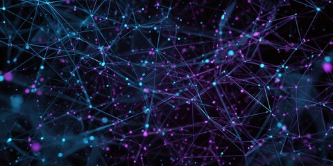 Digital abstract background depicting interconnected nodes and lines in blue and purple hues representing data networks and technology