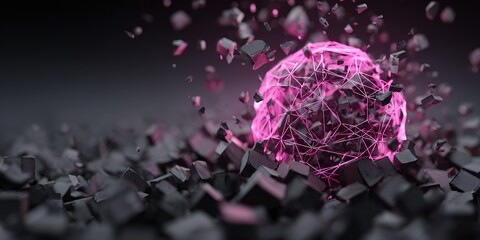 Dynamic pink sphere bursts through black geometric shapes in a digital art scene