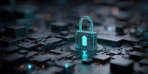 Digital security lock stands out amidst a dark virtual landscape representing data protection