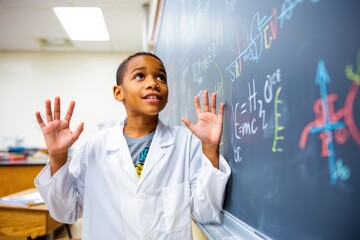Young student in lab coat gestures toward a chalkboard of bright equations.