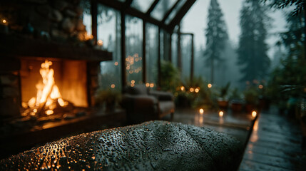 Naklejka premium Cozy Cabin Interior with Fireplace and Winter Forest View Through Window