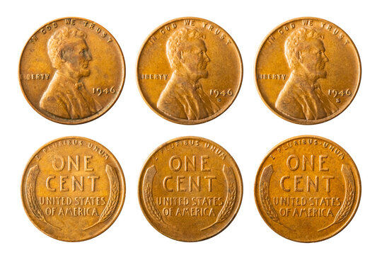 Isolated photo of 1 Lincoln wheat cent USA 1946 P, D and S coin on white background.