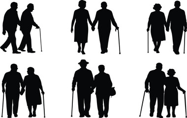 Obraz premium Silhouettes of elderly couples walking with canes, senior people holding hands, retirement age love, healthcare support and aging illustration