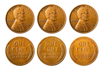 Isolated photo of 1 Lincoln wheat cent USA 1951 P, D and S coins on white background.