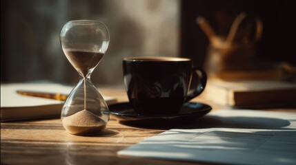 Elegant Sand Timer with Coffee Mug and Documents in Morning Light