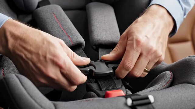 Hands secure car seat buckle, preparing seat for infant, for safe transport. Car seat safety is crucial, man adjusts the buckle on car seat to make sure it is safe.