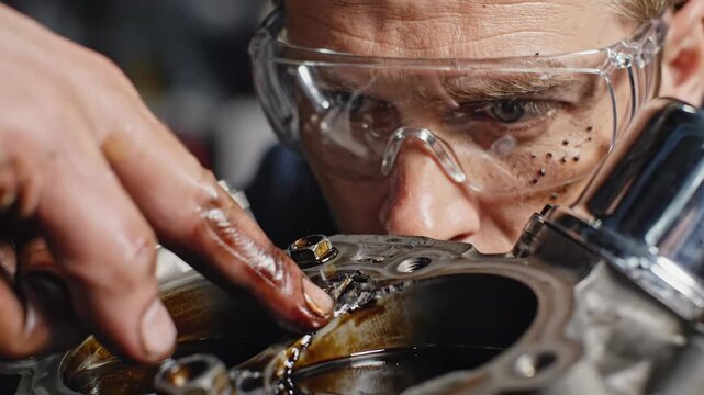 Mechanic at work checks car engine part, covered in grease, with safety glasses. Car engine part inspection shows professional expertise as he cleans and examines components