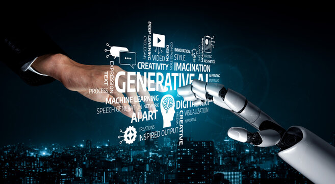 A symbolic handshake between a human hand and a robotic hand represents the fusion of human creativity and artificial intelligence technology in a modern world. Tessel