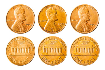 Isolated photo of 1 Lincoln memorial cent USA 1959 P, D and S coins on white background.