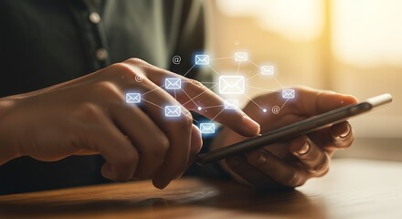 Closeup of a person using a smartphone with glowing email icons floating around, representing digital communication and connectivity