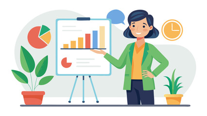 Businesswoman presenting financial data and growth charts on a whiteboard during a professional meeting