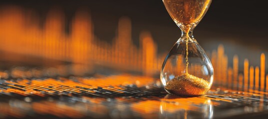 Macro Shot of Hourglass on Data Graphs with Warm Orange Reflections