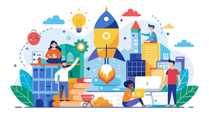 Diverse team collaborating on a new project launch with a rocket ship symbolizing startup growth and innovation