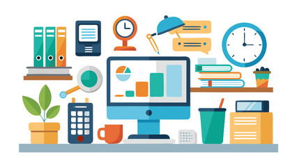 Modern office desk setup with computer charts plant folders and stationery for business productivity
