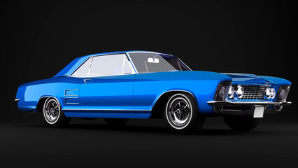 blue old retro car on black background front view