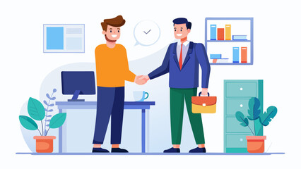 Two smiling businessmen shaking hands in an office setting symbolizing agreement and partnership success