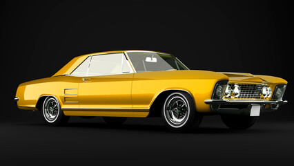 yellow old retro car on black background front view