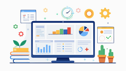 Digital dashboard displaying financial charts and graphs on a computer screen with educational and growth elements