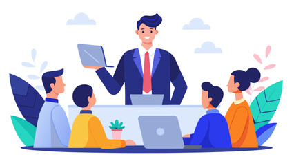 Smiling businessman presenting a laptop to a diverse team of colleagues in a modern office setting