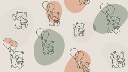 Watercolor seamless pattern, teddy bears with balloons and cupcakes, white background