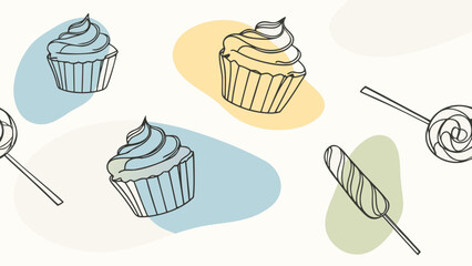 Watercolor seamless pattern, pastel cakes and candles, pink background.